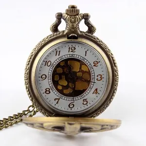 Retro bronze hollow skeleton pocket watch with intricate spine pattern and matching chain