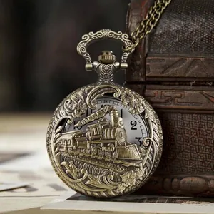 Vintage bronze quartz pocket watch necklace with embossed steam train engine design
