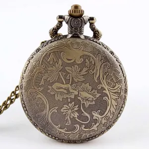Vintage bronze quartz pocket watch with intricate floral engraving on the back cover