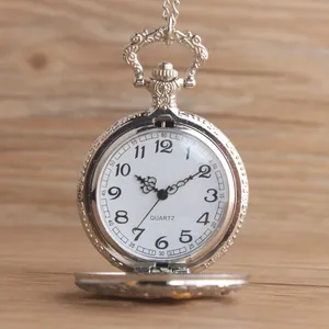 Vintage silver quartz pocket watch necklace with classic white dial and Arabic numerals