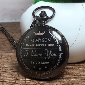 Retro Zwart Glad Quartz Zakhorloge Met Laser Gegraveerd Familie Cadeau Voor Zoon Moeder Echtgenoot Vader Opa Hanger Horloge