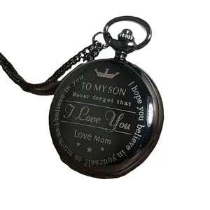 Vintage zwarte quartz zakhorloge gegraveerd met To My Son Love Mom tekst en ketting