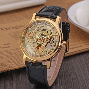Winner Herren Mode Casual Retro Römische Ziffern Skelett Handaufzug Mechanische Uhr Lederarmband Luxus Business Armbanduhr