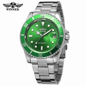 Winner automatic watch with green dial and stainless steel strap for men's business style.