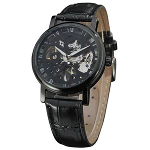 Klassische Winner Herren mechanische Skelettuhr mit römischen Ziffern und Lederarmband
