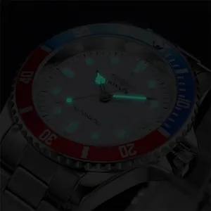 Detailed view of WINNER automatic mechanical watch showing bright luminous hands