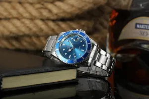 Winner automatic mechanical watch with blue sunray dial and stainless steel band