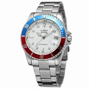 Men's Winner automatic mechanical watch featuring stainless steel strap and blue-red bezel