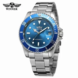 Silver stainless steel men's automatic mechanical watch with blue rotating bezel