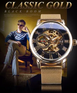 Luxuriöse Forsining Herren automatische Skelett-Mechanikuhr mit goldenem Mesh-Metallband