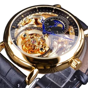 Close-up of Forsining men's skeleton watch with intricate gold engraving.