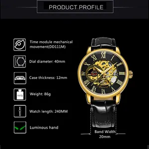 Montre mécanique squelette vintage pour hommes avec boîtier doré 40mm et aiguilles luminescentes
