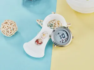 Close-up of white silicone digital nurse fob watch with cute cartoon nurse illustration