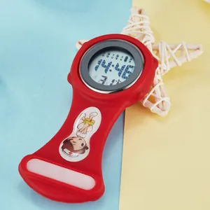 Red digital silicone nurse fob watch with cartoon nurse illustration for medical workers