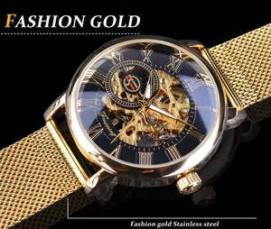 Hochwertige Detailansicht der Forsining Skelett-Mechanikuhr für Herren mit goldenem Netzband.