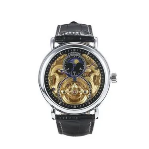 Close-up of Forsining skeleton automatic watch with moon phase and gold inner dial