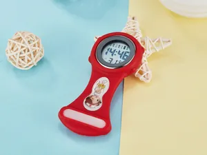 Detail view of a red silicone digital nurse watch with a cartoon illustration