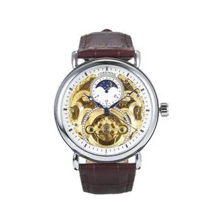 Forsining mens skeleton automatic mechanical watch with moon phase and leather strap