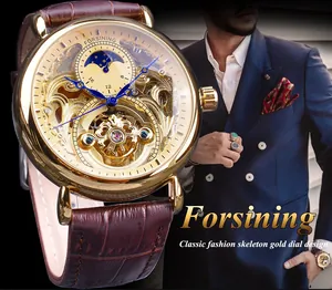 Luxury Forsining gold skeleton mechanical watch for men featuring moon phase