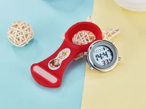 Detailed view of a red silicone nurse watch with a cartoon sticker and digital display