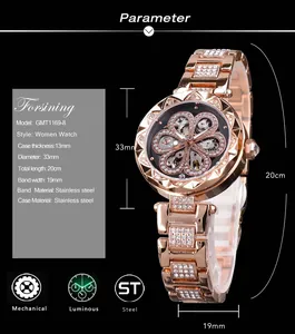 Forsining women's automatic mechanical watch with rhinestone hollow clover dial in rose gold