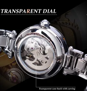Close-up of women's automatic mechanical watch with transparent case back carving