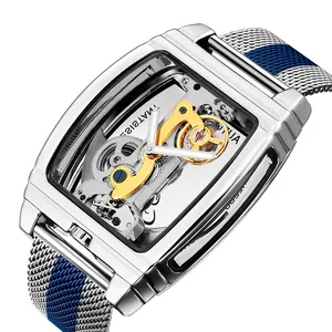 Close-up of luxury men's automatic mechanical skeleton watch with striped mesh band