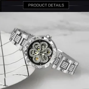 Detail of Forsining mechanical watch showing hollow flower dial and rhinestones