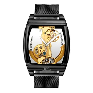Close-up view of the golden skeleton movement on this men's automatic mechanical watch
