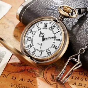 Vintage bronze flip pocket watch with Roman numerals and quartz movement on retro map