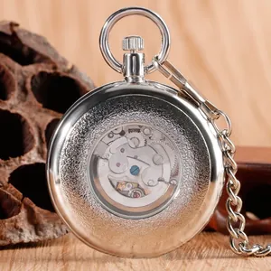 Detailansicht der Rückseite einer mechanischen Taschenuhr mit sichtbarem Uhrwerk im Inneren.