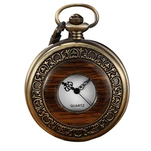 Élégante montre de poche vintage en bronze avec incrustation bois et mouvement quartz précis