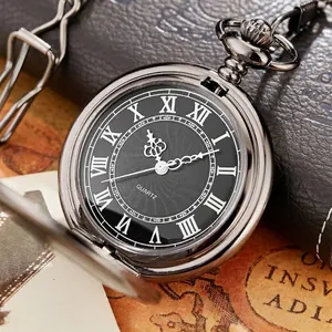 Vintage gunmetal flip pocket watch with black Roman numeral dial and chain