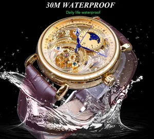 Close-up of Forsining men's skeleton mechanical watch with 30M waterproof water splash effect