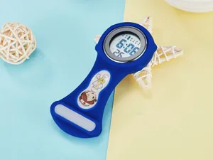 Detail view of blue silicone digital nurse watch with cute cartoon character