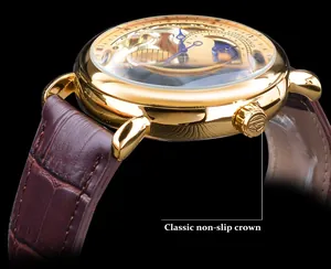 Detail macro view of the classic non-slip crown on gold Forsining automatic watch