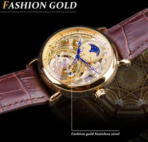 Close-up of Forsining gold automatic mechanical watch with skeleton dial and moon phase