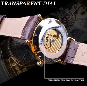 Detailed close-up showing the transparent case back of a men's gold skeleton mechanical watch