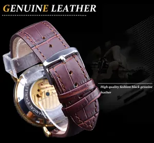 Close-up of brown genuine leather strap and transparent mechanical watch back.