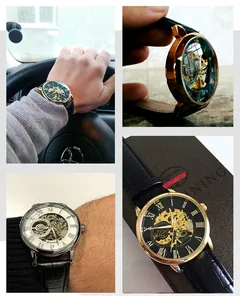 Vues détaillées d'une montre mécanique squelette vintage pour homme avec chiffres romains