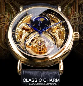 Macro detail of Forsining golden skeleton watch movement and sun-moon phase dial
