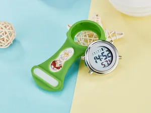 Close-up of digital electronic nurse watch with green silicone cover and nurse graphic