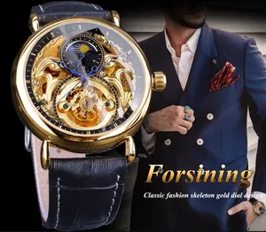 Macro detail of Forsining gold skeleton automatic mechanical watch with moon phase dial