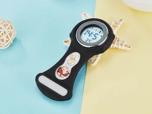 Detailed view of black silicone nurse fob watch with cartoon illustration and digital display