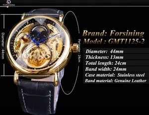 Detailed view of Forsining gold skeleton automatic mechanical watch with moon phase dial