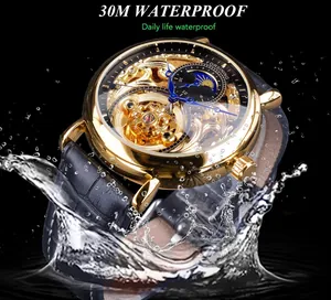 Detailed macro view of Forsining gold skeleton mechanical watch with 30m water resistance