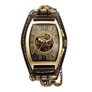 Orologio meccanico automatico da uomo con quadrante scheletrato a botte e cinturino
