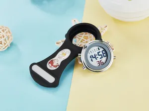 Detailed view of a digital nurse fob watch with a cartoon nurse black silicone strap.