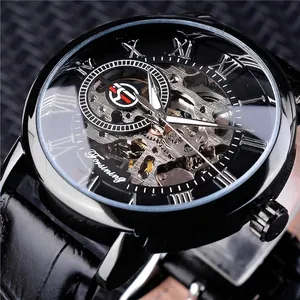 Montre mécanique squelette pour homme avec bracelet en cuir noir et chiffres romains