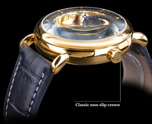 Close-up macro view of a luxury gold mechanical watch case showing the non-slip crown